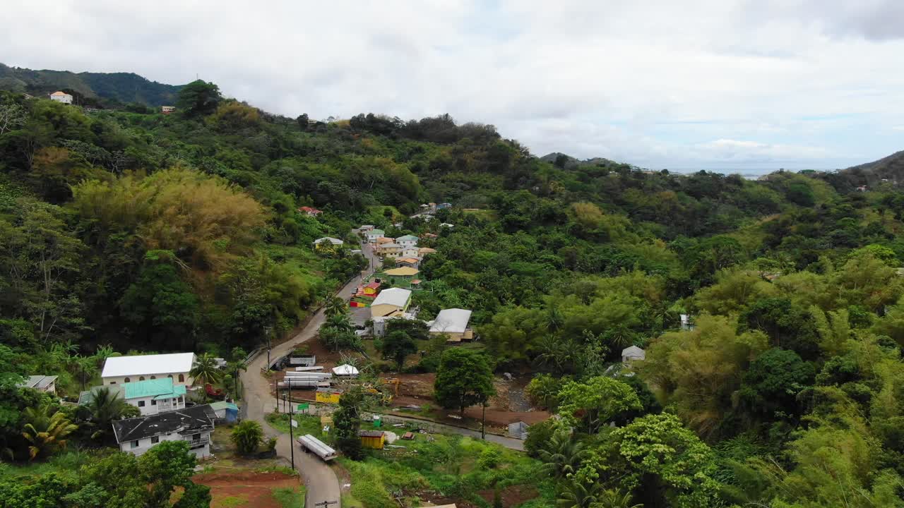 un exuberante bosque tropical de granada con carreteras sinuosas y casas esparcidas, de día, vista aérea