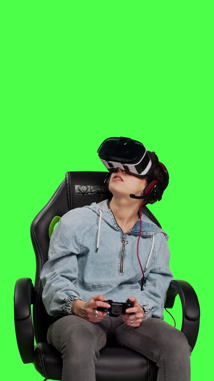 Front view Woman playing video games on console with controller and vr headset
