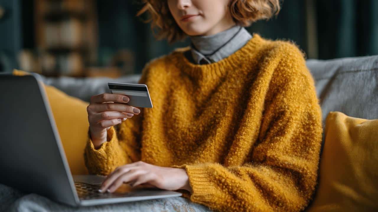Engaged in Online Shopping: A Stylish Individual in Cozy Sweater with Card and Laptop, Capturing the Modern Trend of Digital Transactions from Home