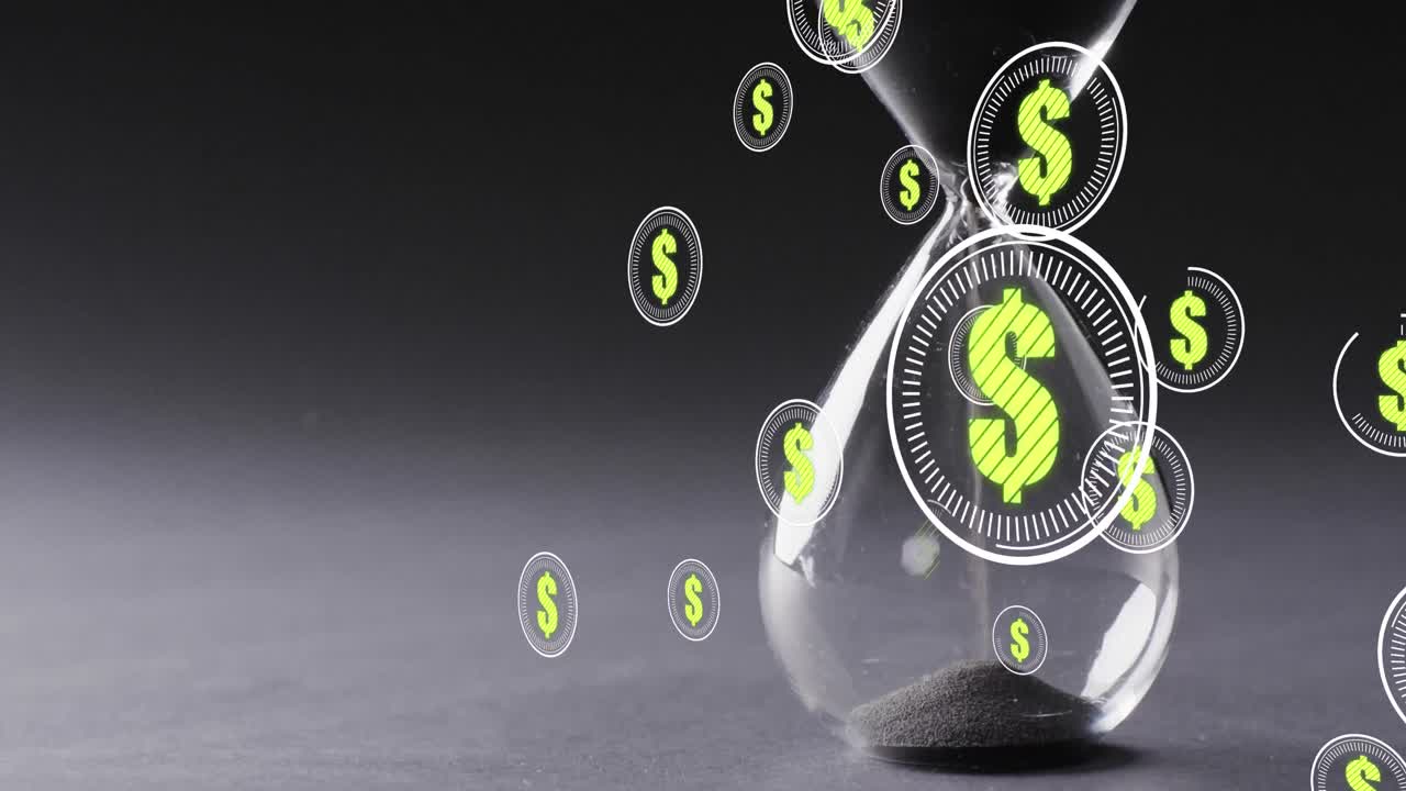 animación de signos de dólares estadounidenses y procesamiento de datos financieros a través de un reloj de arena