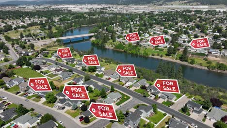 drone shot of for sale signs populating over homes in a middle class neighborhood