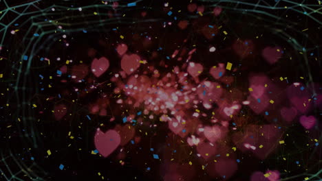 animación de confeti y corazones sobre fondo negro