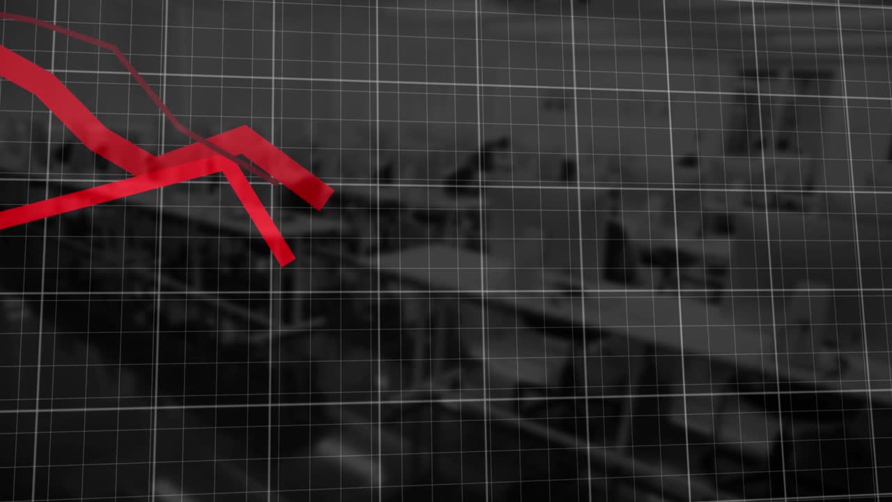 Animation of financial data processing with red lines over empty classroom