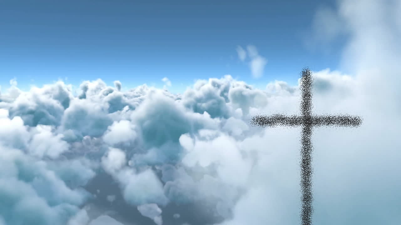 Animation of cross-shaped clouds forming in blue sky, creating serene atmosphere