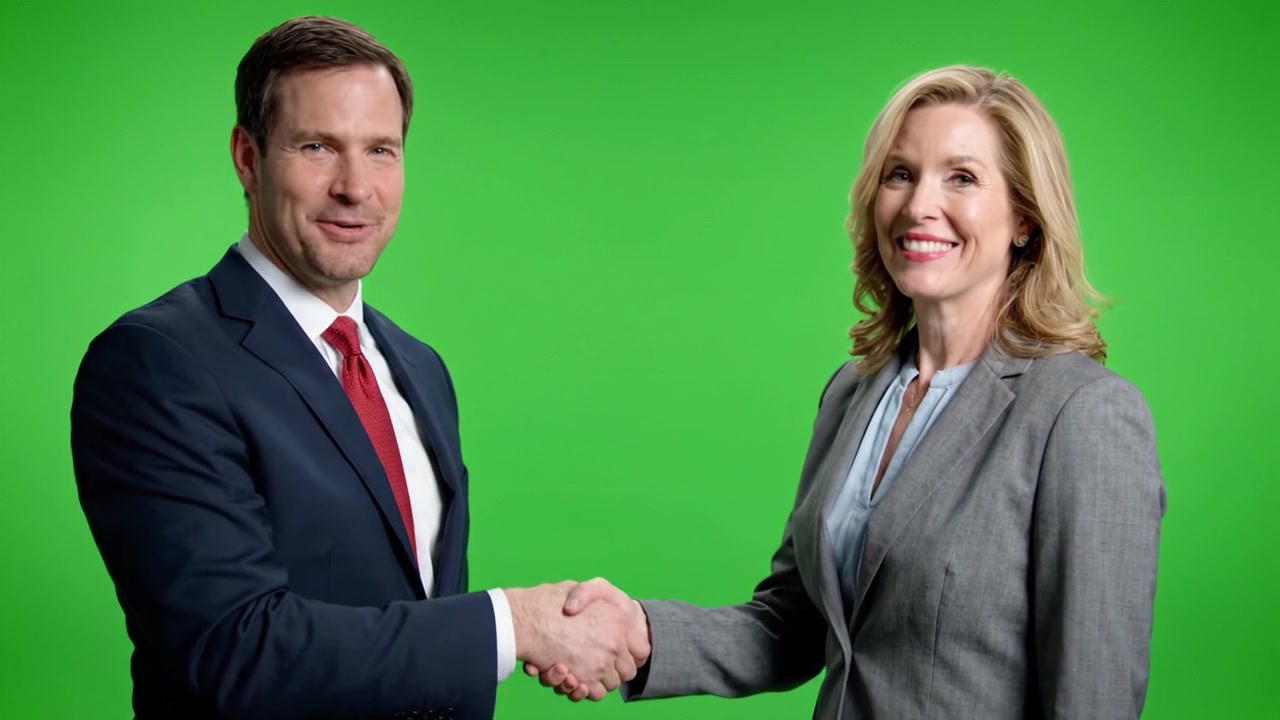 Interazione professionale tra due individui davanti a un green screen, che cattura un momento di dialogo che evidenzia coinvolgimento ed espressione.