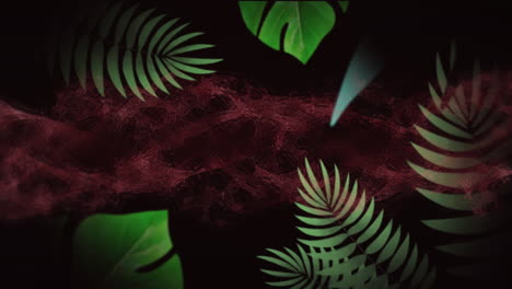 animación de vapor rojo y gotas sobre hojas verdes, moviéndose en negro