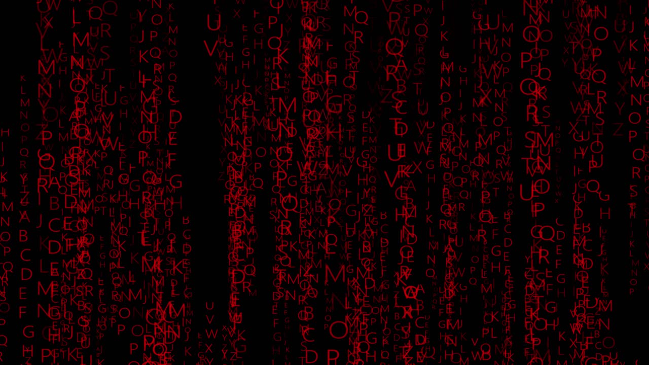 Glowing red Matrix-style characters falling in a digital code sequence