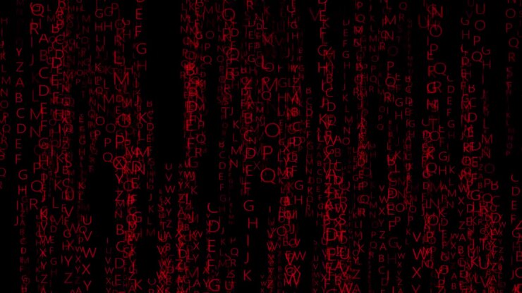 Glowing red Matrix-style characters falling in a digital code sequence