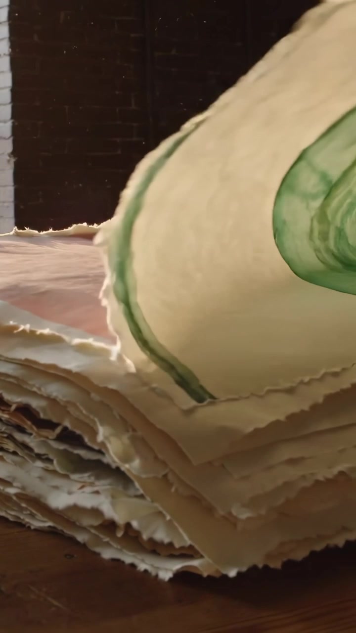 Vertical video: Lifting by window top deckled paper curling and revealing watercolor wash in studio