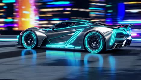 futuristic sports car racing in cyberpunk city at night