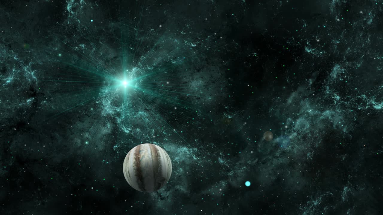 el planeta júpiter vuela en la colorida nebulosa verde fractal.