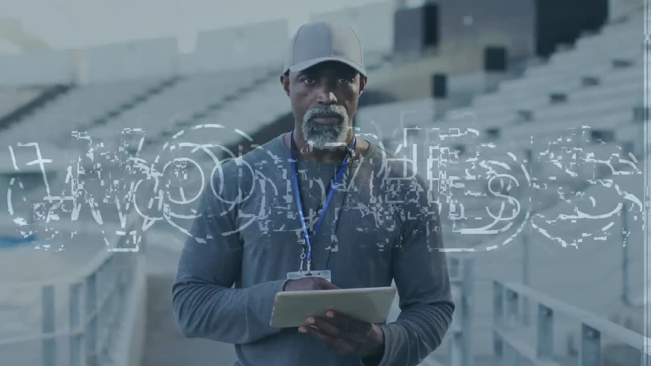 Animation of good vibes text over african american male coach with tablet
