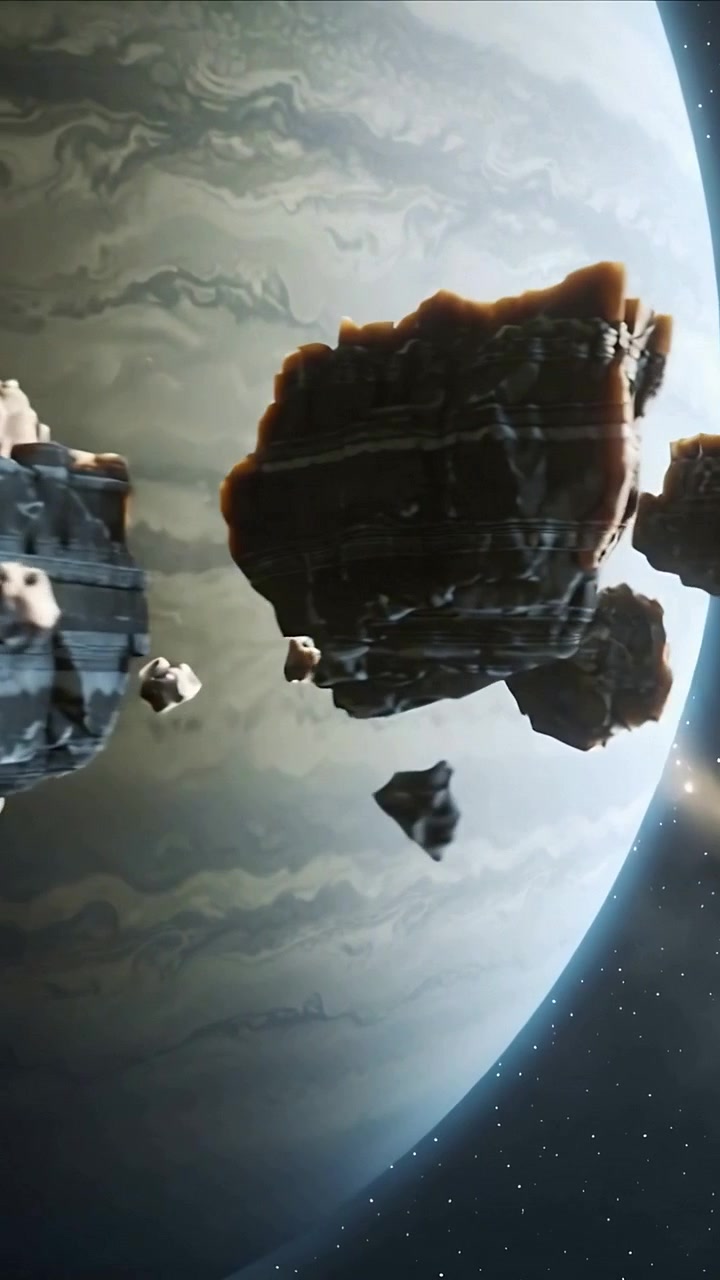 Vertical video: Shifting camera revealing rotating asteroid cluster by banded gas giant on flyby