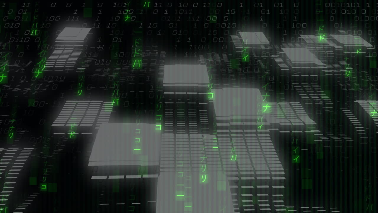 código binario y bloques digitales, animación de procesamiento de datos y tecnología