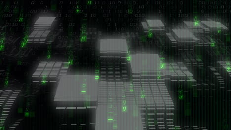 Binary code and digital blocks, animation of data processing and technology