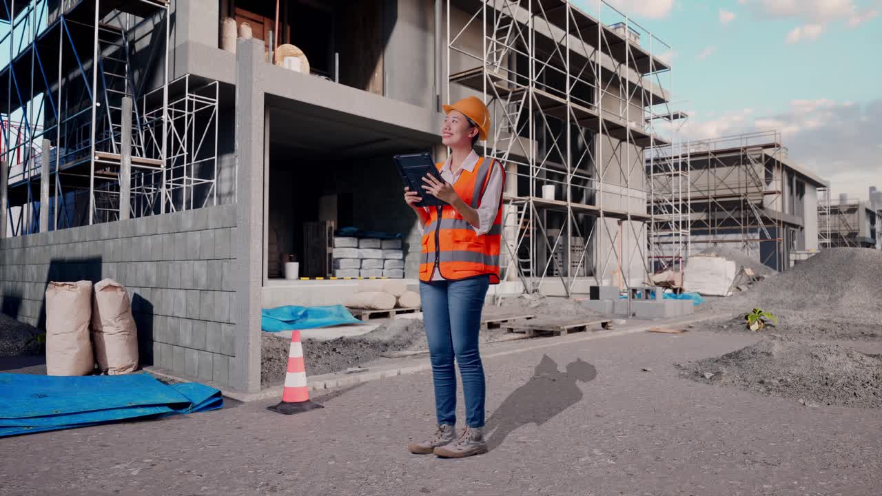 Full Body Side View Of Asian Female Engineer With Safety Helmet Looking At The Tablet In Her Hand And Looking Around While Standing At Construction Site in Progress to New House