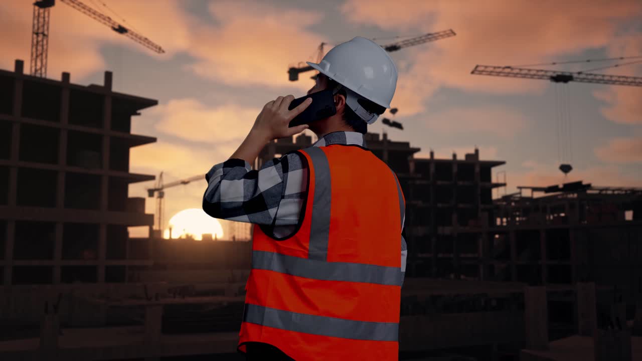 Back View Of Asian Male Engineer With Safety Helmet Talking On Smartphone While Standing At Building & Construction Site in Progress to New House