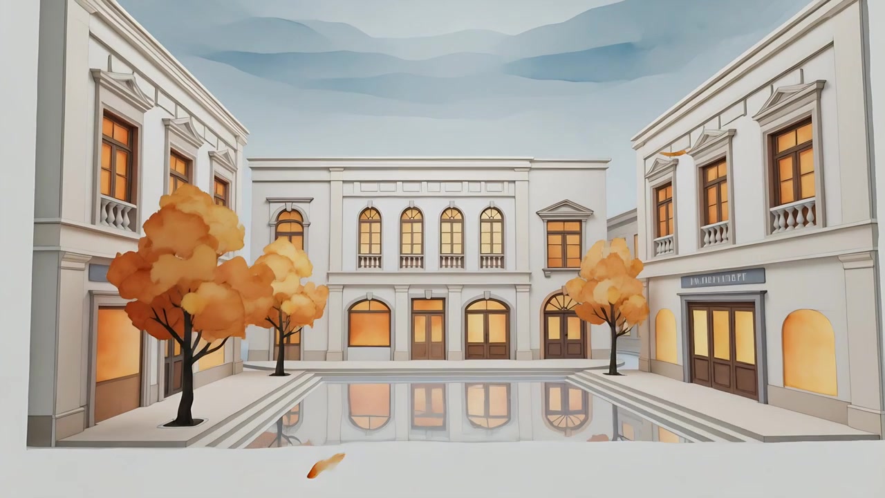 Rivelato tramite una transizione a tendina centrale, un cortile si apre con uno specchio d'acqua, tre facciate e alberi d'arancio.