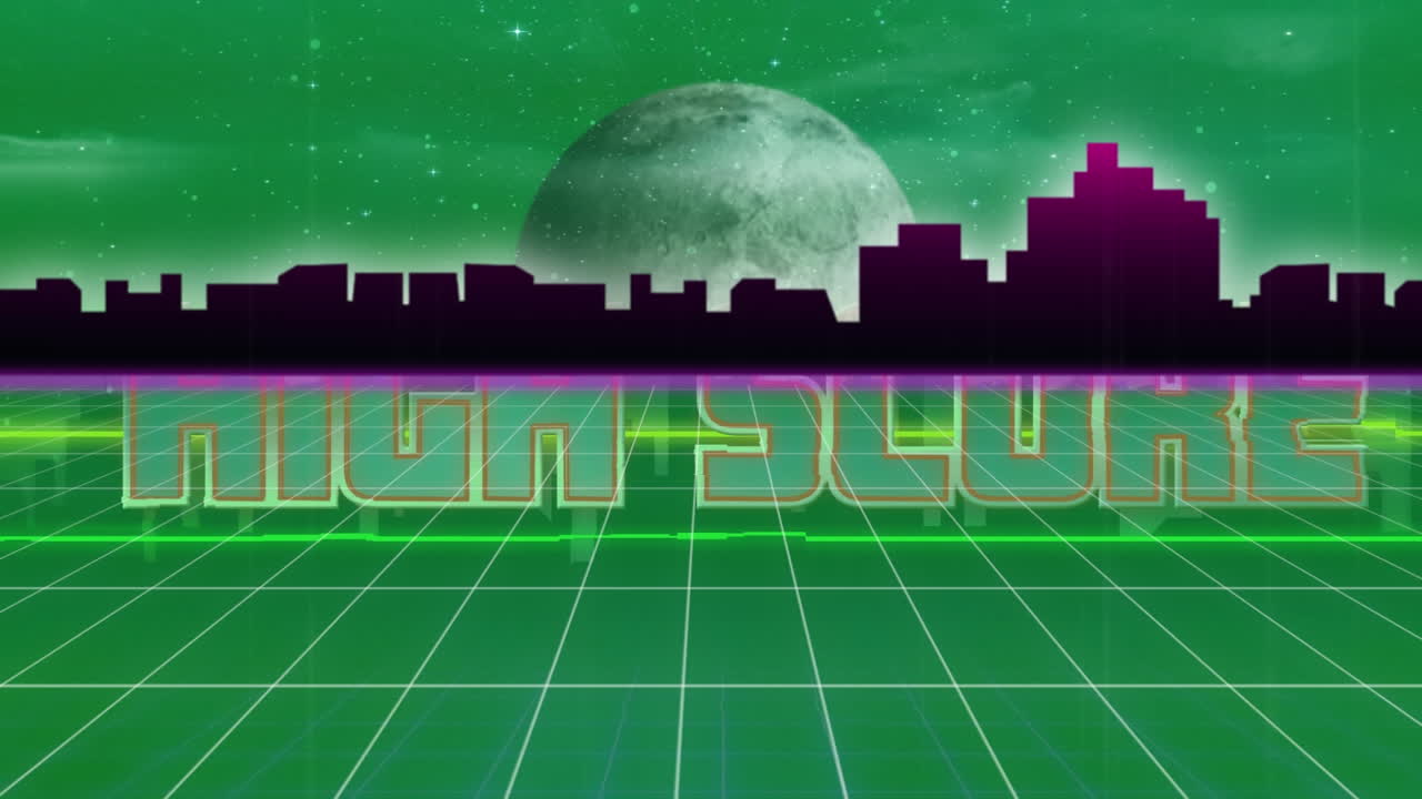 Animation of high score text over cityscape on green background