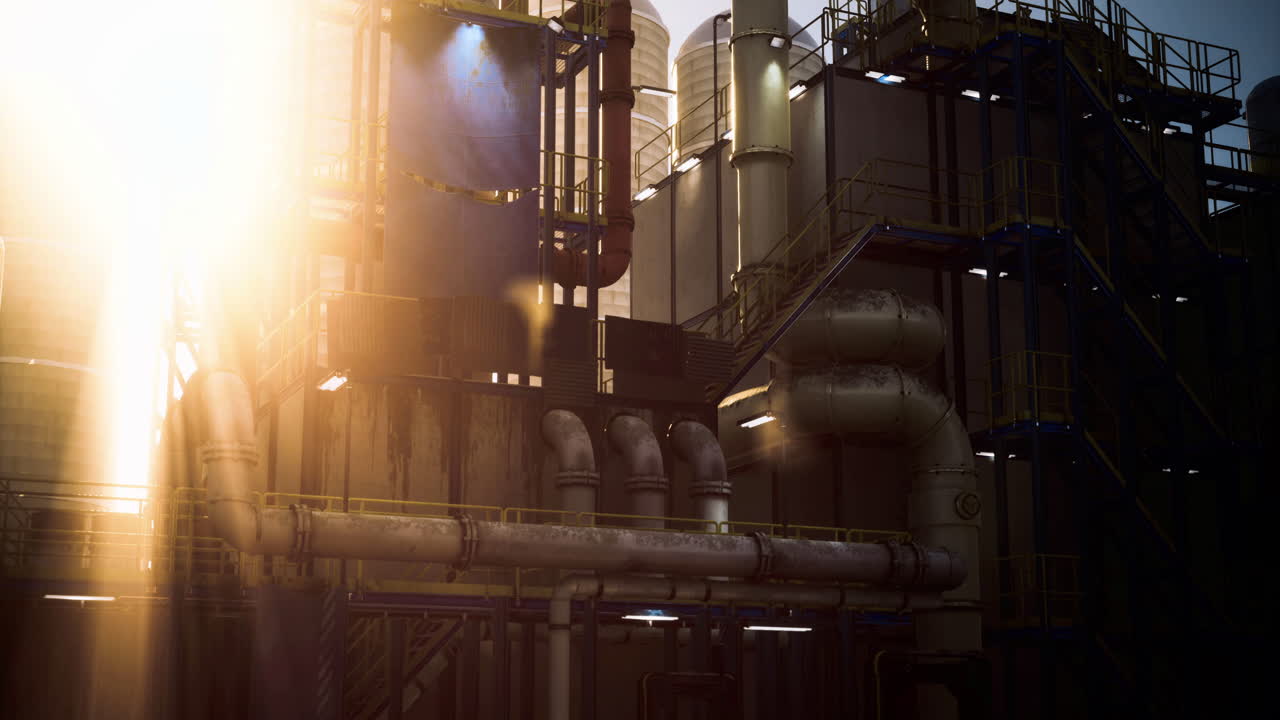 Industrial facility with sunlight filtering through pipes during the evening