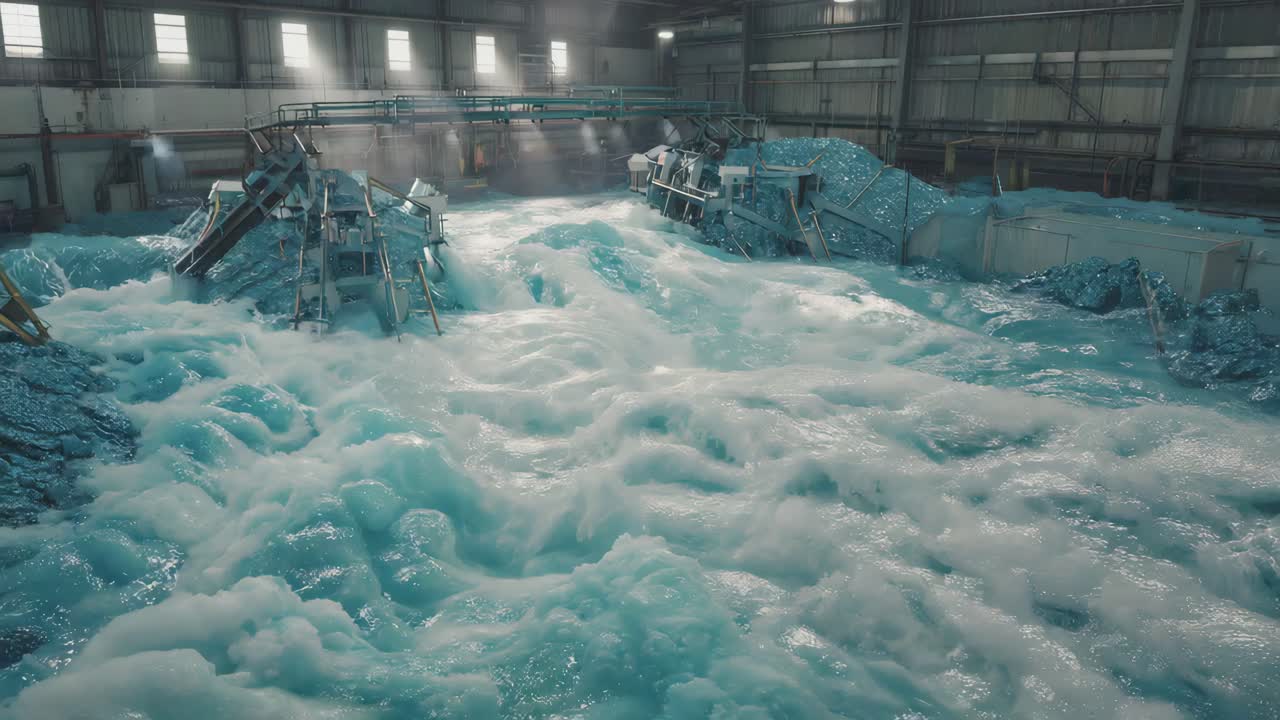 A scene inside a factory with water and machines