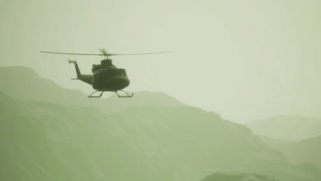 helicopter soaring over misty mountains at dawn during a tranquil morning