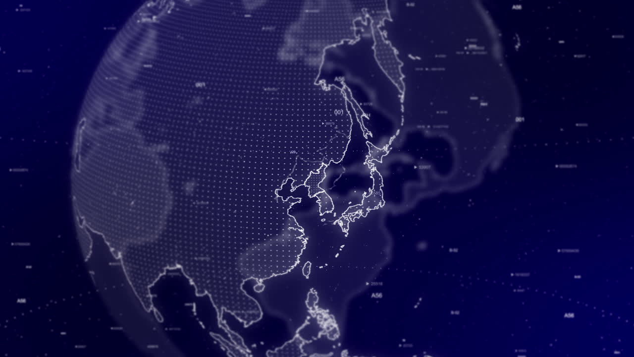 영화적 비디오 배경은 디지털 지구가 회전하고 북한 국가를 확대하는 것을 보여줍니다.