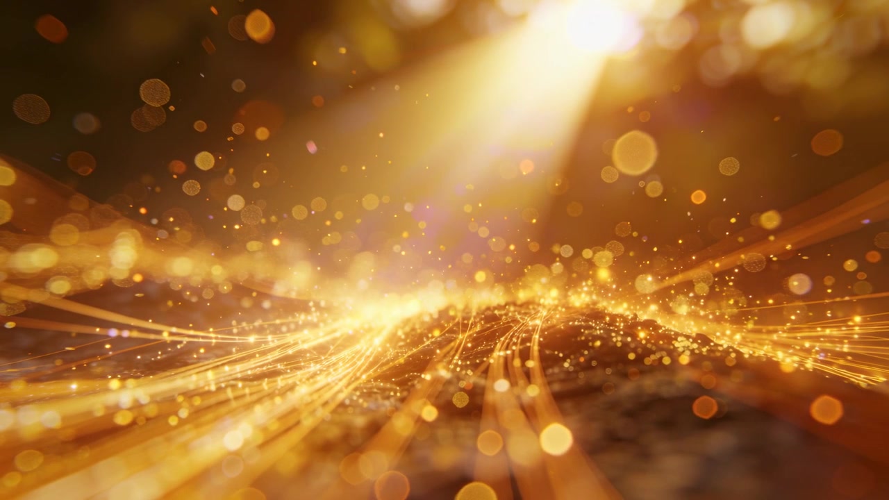 Telecamera che avanza rivelando una cresta luminosa che emette linee in una scena dorata, raggio che sale, bokeh.