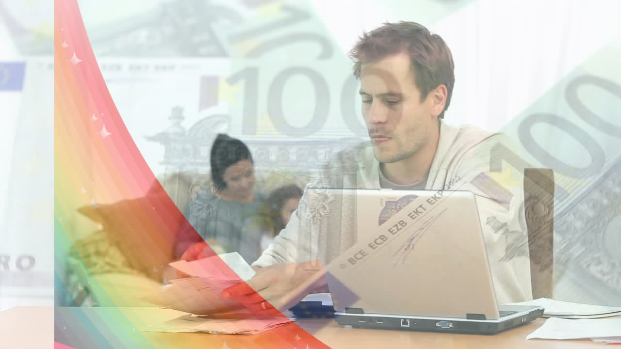 animación de billetes y formas sobre una pareja caucásica contando dinero.