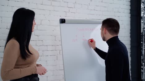 young freelance couple. smart man writing on a board new ideas of the company. beautiful woman listening to man's propositions about their business project.