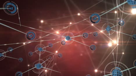 animación de una red brillante de iconos digitales contra un fondo rojo