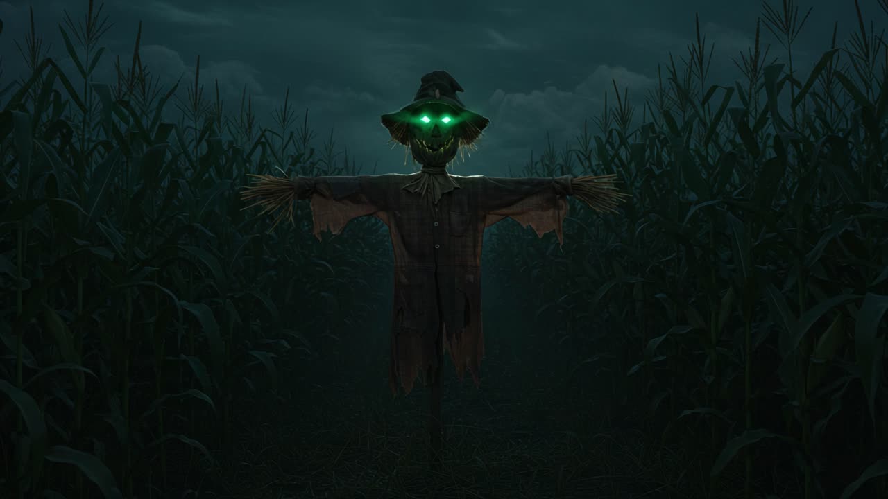 Mysterious Scarecrow Stands Guard in a Dark Cornfield, Under a Cloudy Night Sky with Eerie Green Eyes That Glow with an Ominous Light