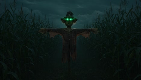mysterious scarecrow stands guard in a dark cornfield, under a cloudy night sky with eerie green eyes that glow with an ominous light