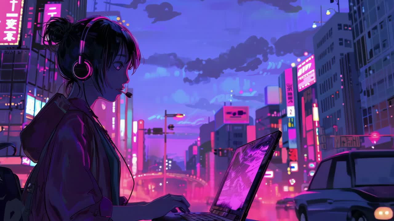 A vibrant, anime-style cityscape at dusk. A girl with headphones uses a laptop, viewed from a side