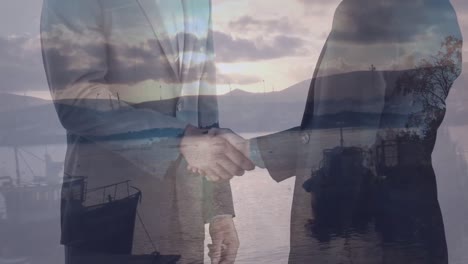 animation of diverse business people shaking hands over landscape