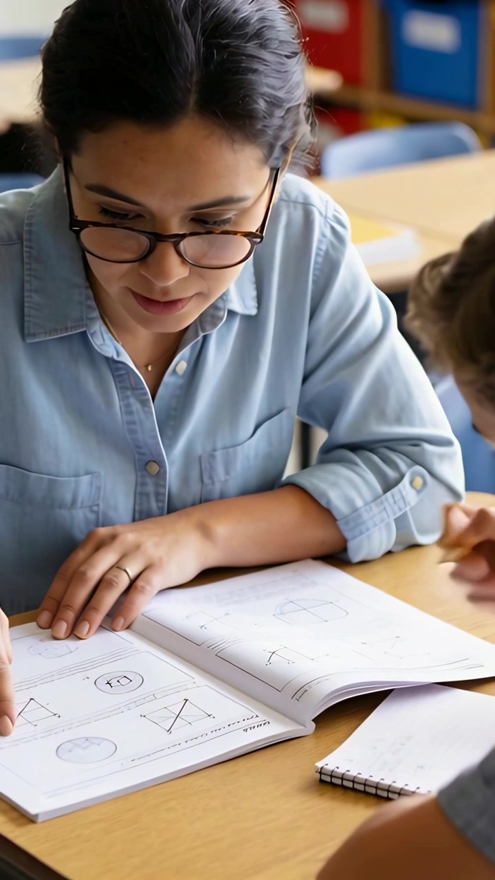 Video verticale: Insegnante in camicia di jeans che indica, guida uno studente che risolve un quaderno di geometria a scuola.