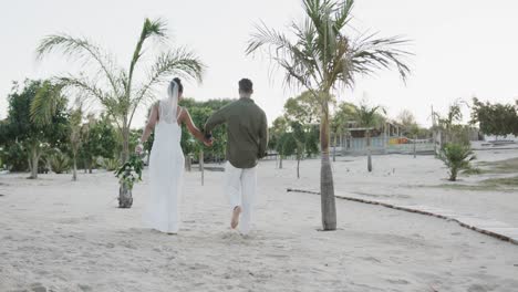 Rear-view-of-happy-diverse-bride-and-groom-walking-holding-hands-at-beach-wedding,-in-slow-motion