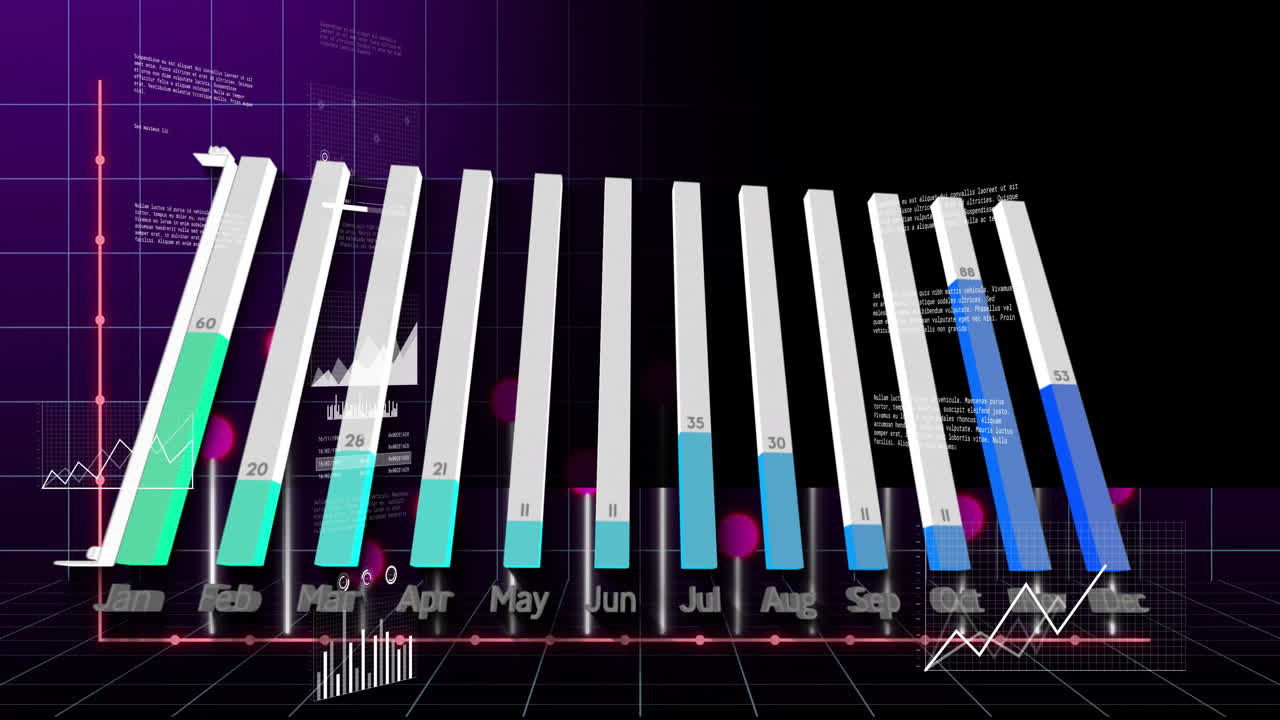 3D bar graph animation showing monthly data trends on dark background