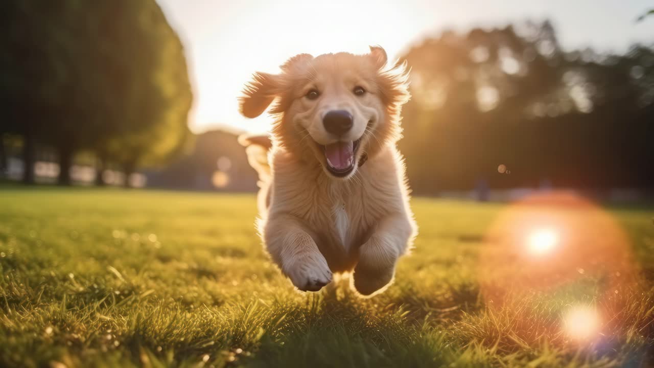 A joyful dog runs towards the camera in a low-angle shot, capturing the playful essence of a sunny