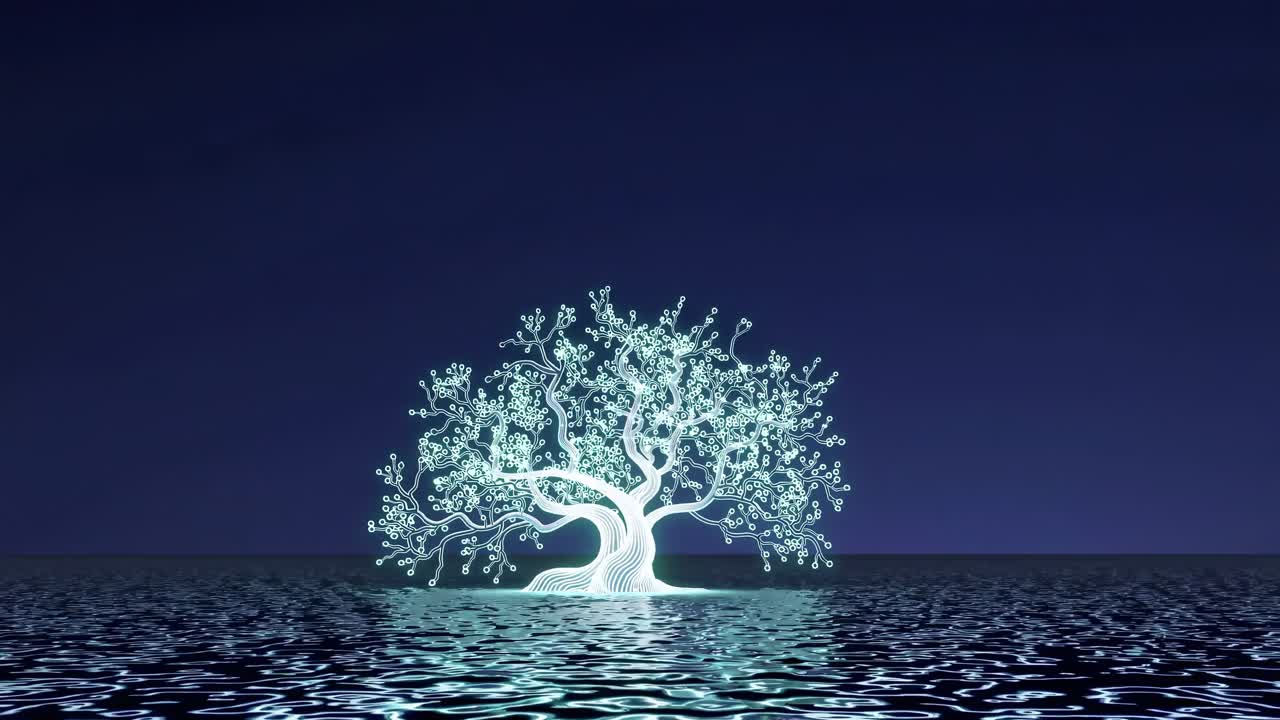 Glowing Digital Tree in Water