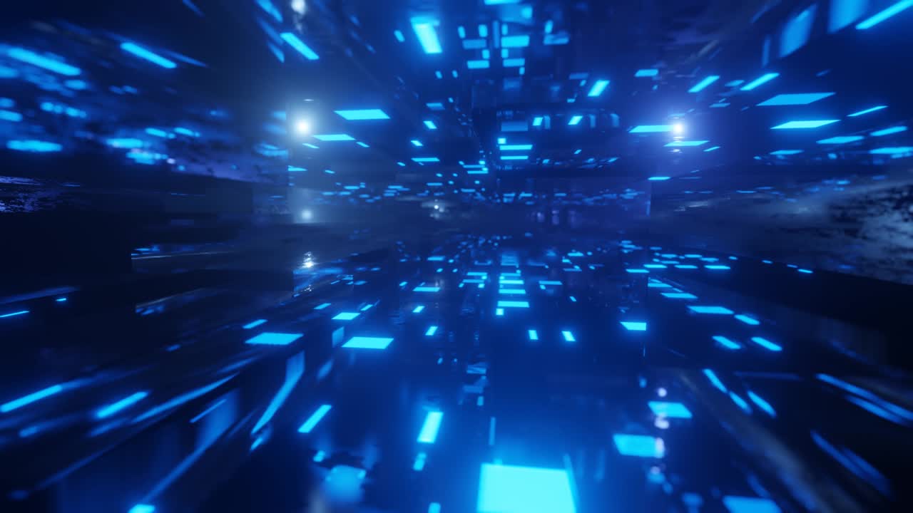 volar a través del ciberespacio tecnológico con brillo de neón. vuelo de ciencia ficción a través del túnel de tecnología de alta tecnología. holograma y luz de neó. 3d en bucle sin costuras 4k fondo brillante. flujo de datos, bloques de metal en el aire