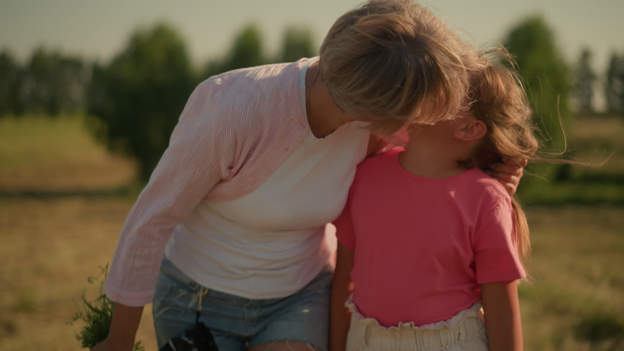 madre e figlia che camminano felici in un campo aperto con la madre che sorride mentre bacia dolcemente la figlia sulla guancia, la madre che tiene in mano un bouquet di fiori, che si gode la giornata di sole
