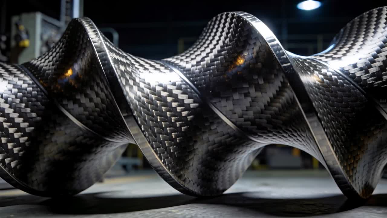 Pulling back camera revealing carbon-fiber helical auger on shop floor, exposing form, with panel