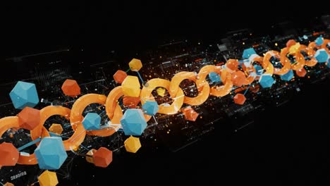 A Futuristic Digital Chain Visualization Illustrating Connectivity, Complexity, and Innovation in Technology through Geometric Shapes and Vibrant Colors