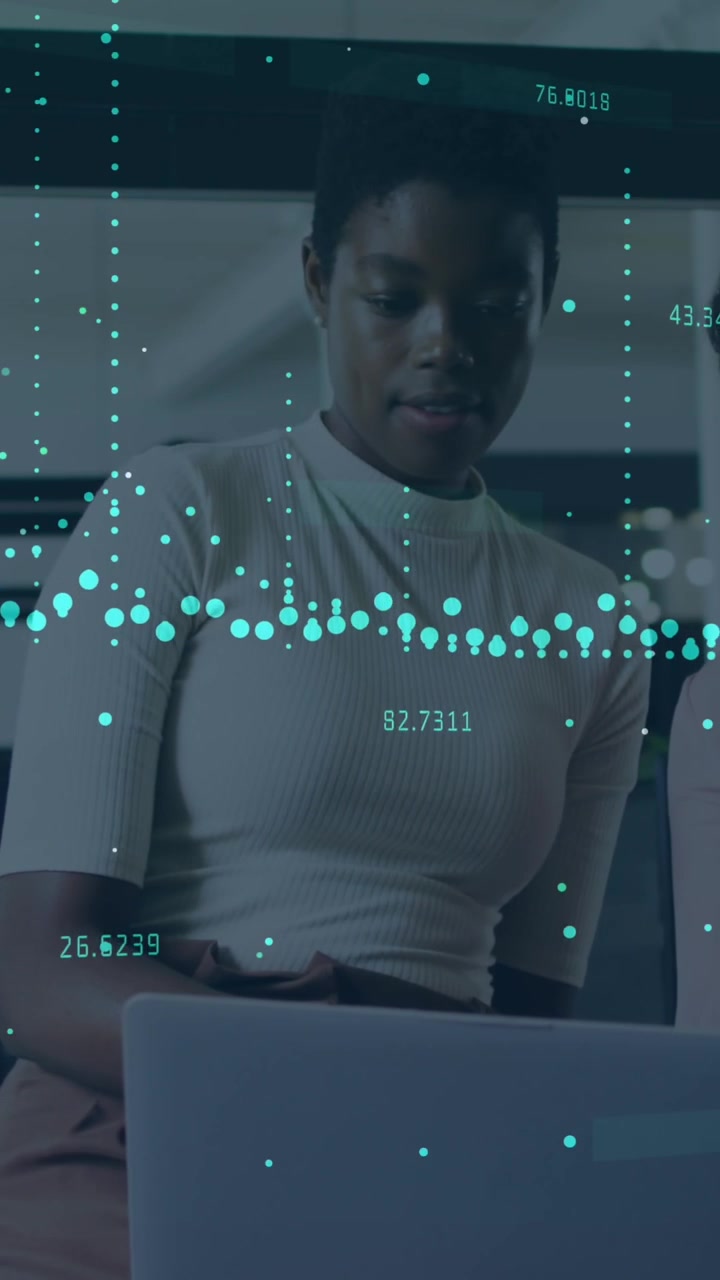 Animation of financial data processing over diverse business people at office
