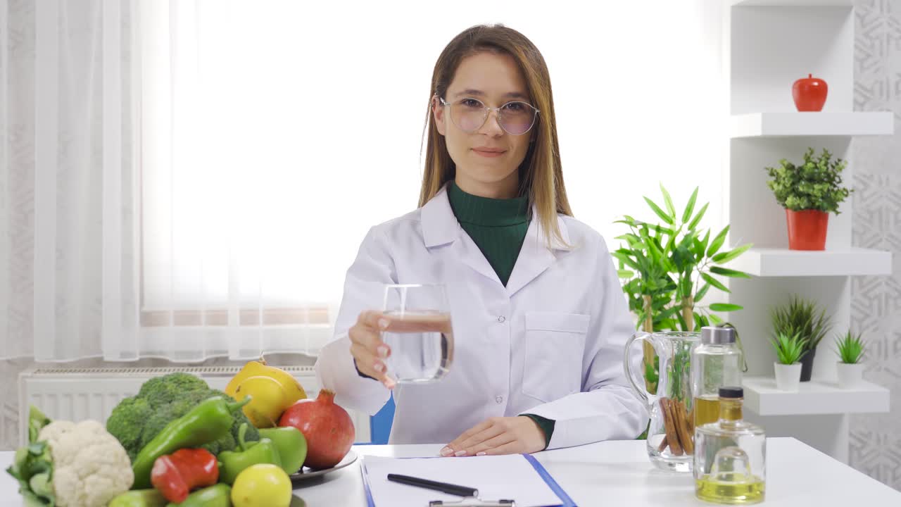una mujer dietista que recomienda alimentos saludables.