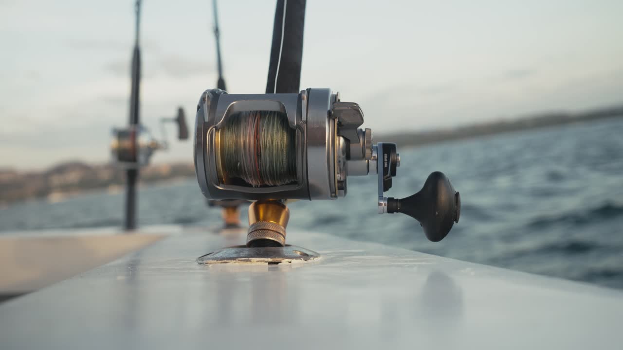 Detailed close-up of a colorful fishing reel mounted on a rod, with blurred sea background and golden natural light.