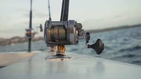 detailed close-up of a colorful fishing reel mounted on a rod, with blurred sea background and golden natural light.