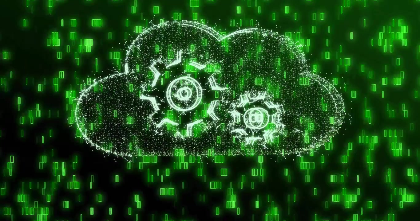 Falling green code forming column, morphing into cloud and gears visualizing data processing