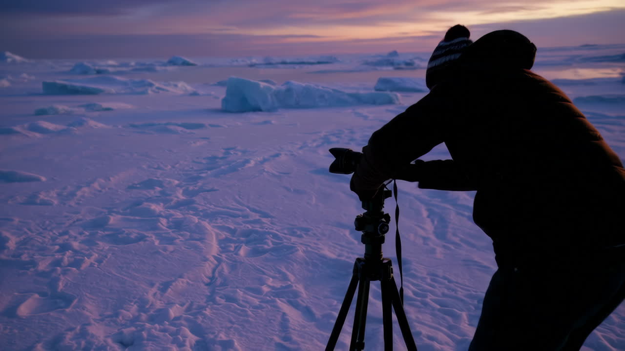 Photographer Capturing Arctic Sunrise Over Icebergs